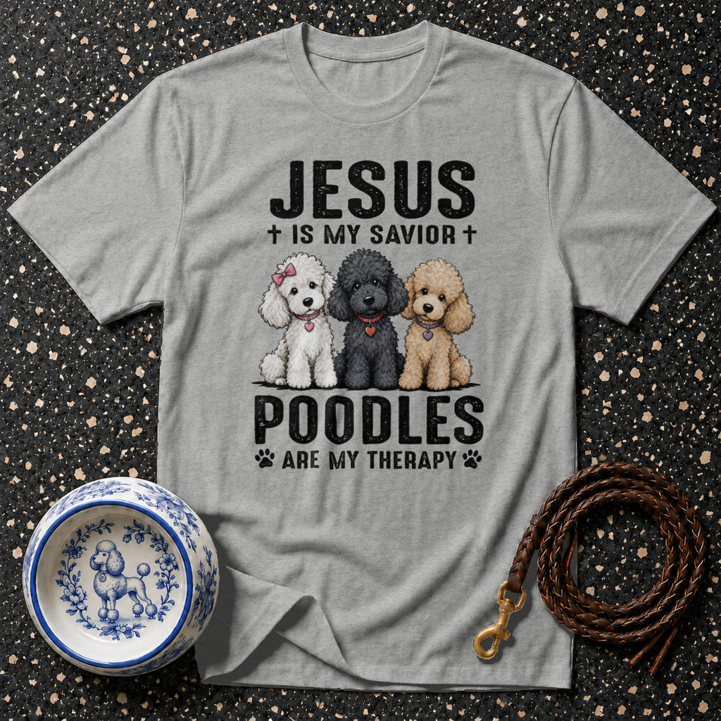 Grey t-shirt with text Jesus is my savior and three poodles.