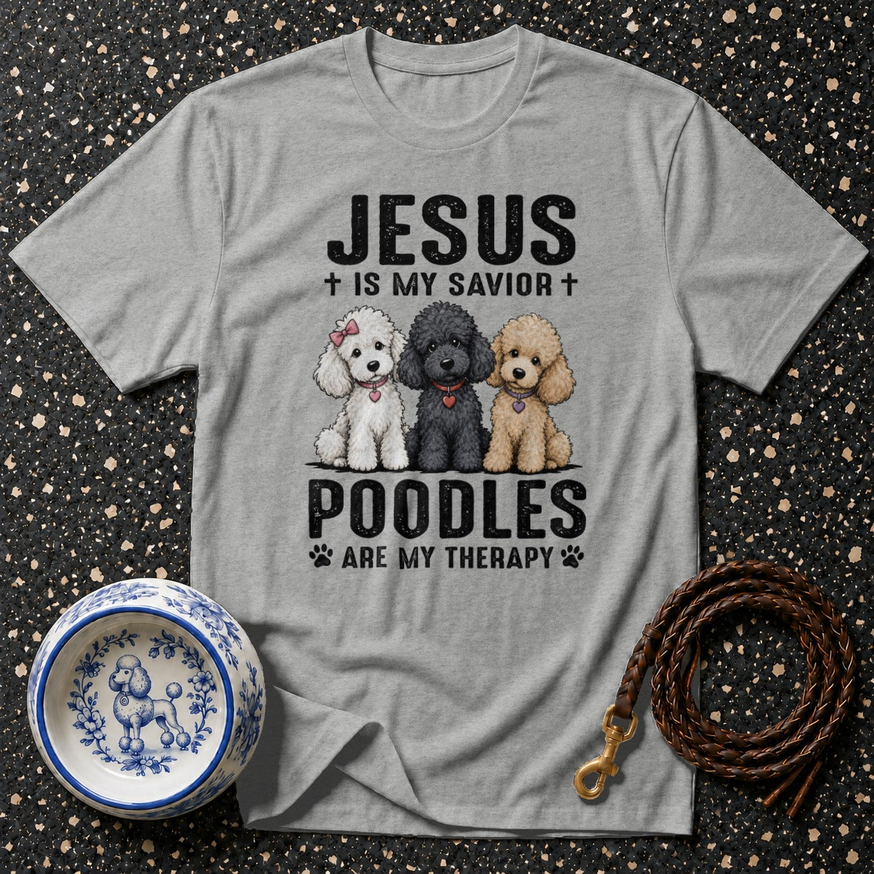 Grey t-shirt with text Jesus is my savior and three poodles.
