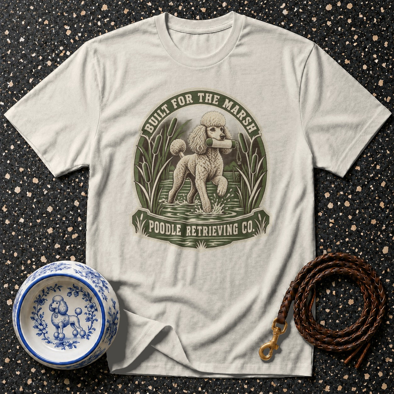 T-shirt with poodle in marsh graphic, "Built for the Marsh Poodle Retrieving Co." text.