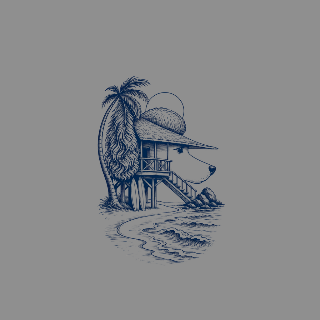 Dog's head as a beach house with palm tree and surfboards.
