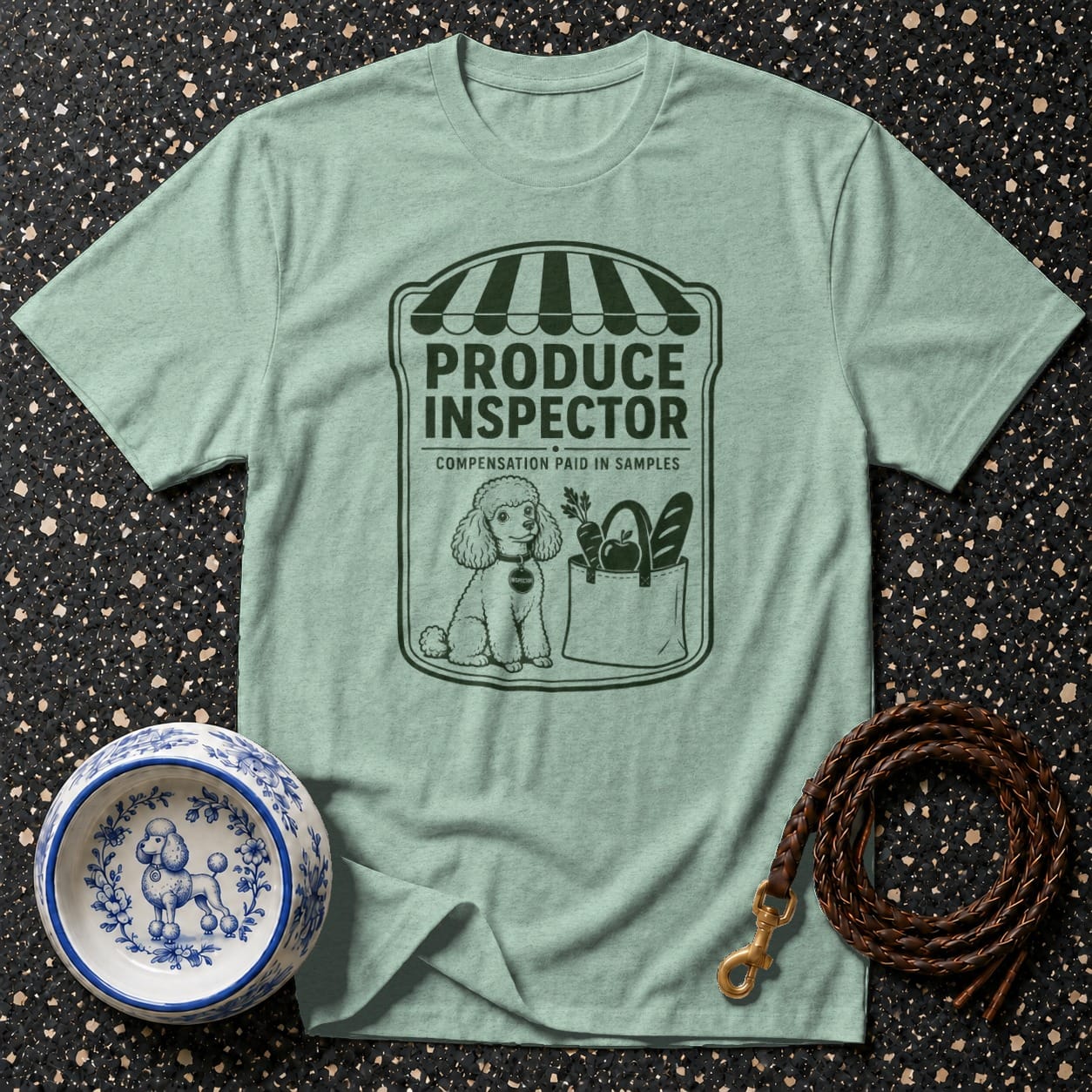 T-shirt with poodle graphic reading "Produce Inspector" and "Compensation Paid in Samples."