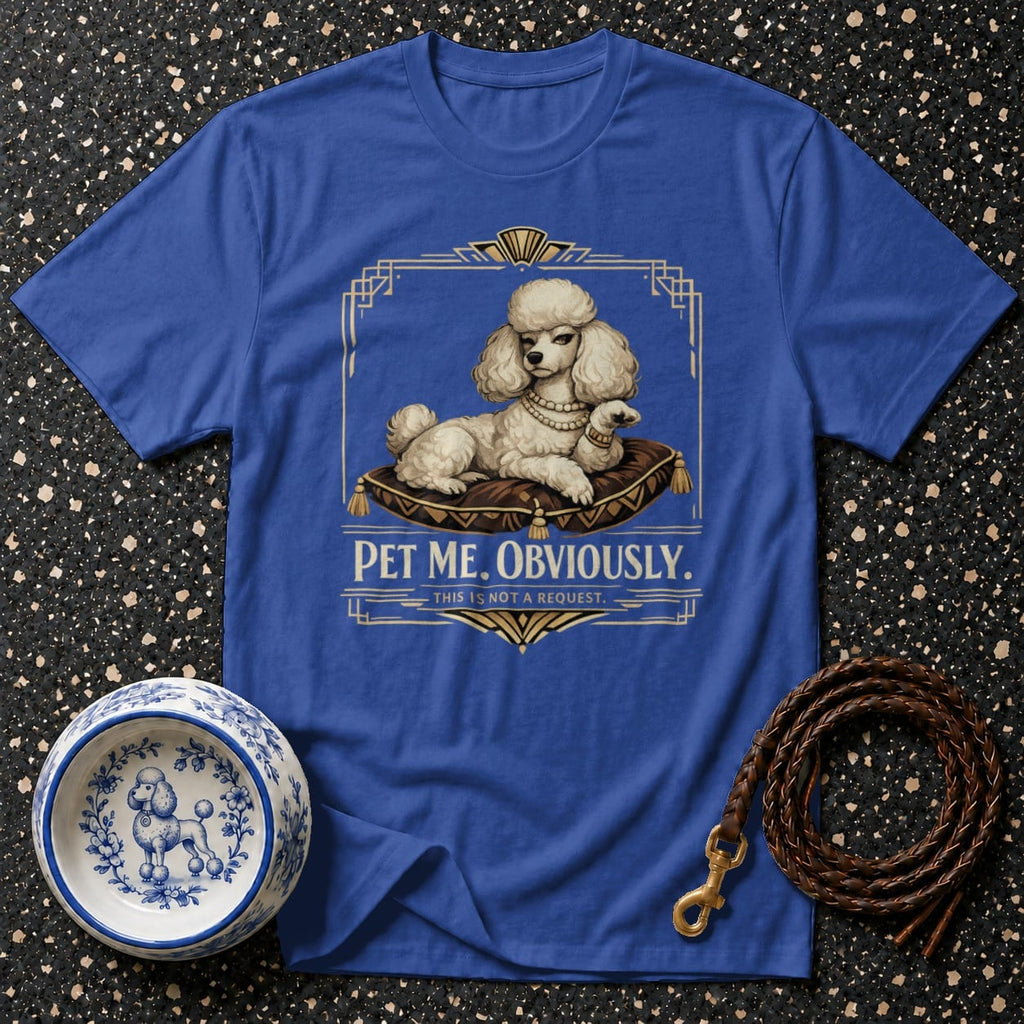 Blue t-shirt with white poodle illustration and text "PET ME. OBVIOUSLY."