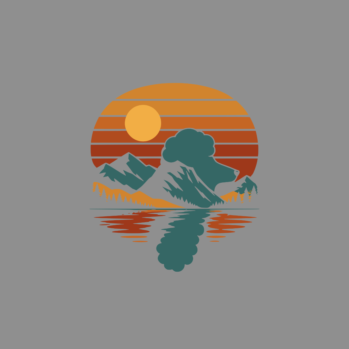 Bear silhouette head on mountains with retro sunset and water reflection.