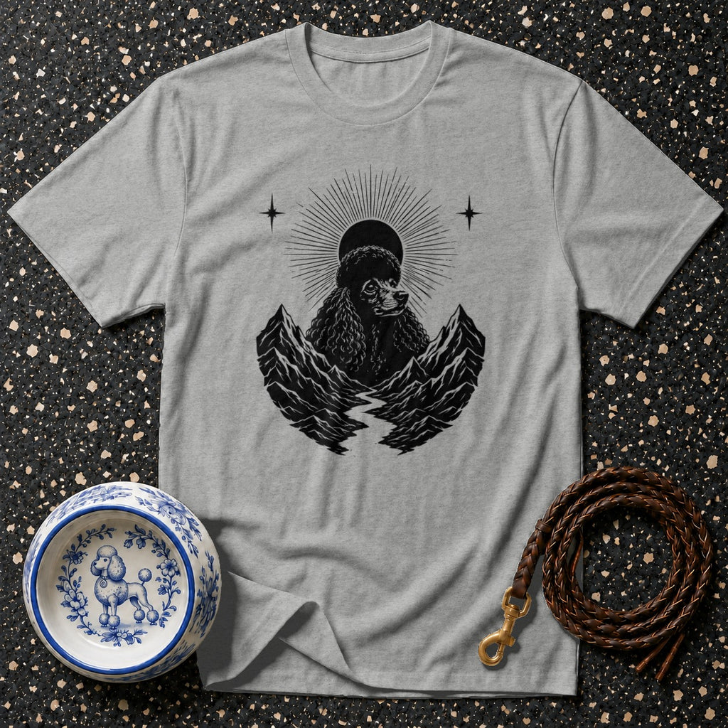 Gray t-shirt with black poodle, mountains, and sun graphic.
