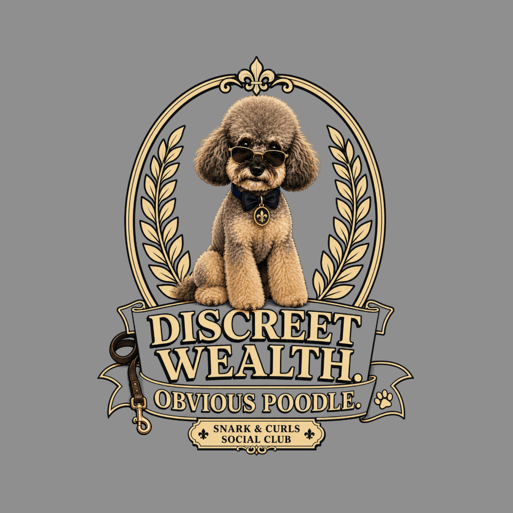 Poodle wearing sunglasses and bow tie in ornate crest with "Discreet Wealth Obvious Poodle" text.