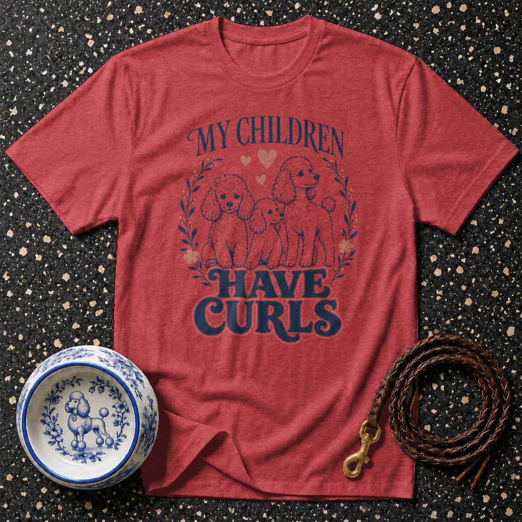 Red t-shirt with "My Children Have Curls" graphic featuring poodles.
