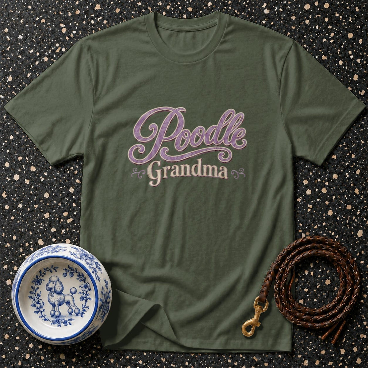 Green t-shirt with "Poodle Grandma" text, dog bowl, and leash.
