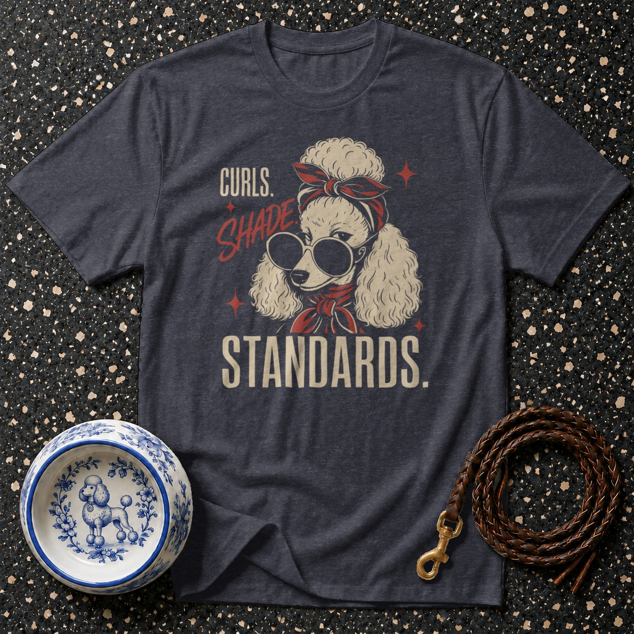 T-shirt with poodle graphic and text "Curls. Shade. Standards."