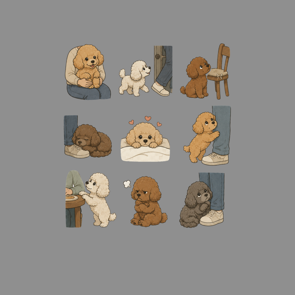 Nine playful poodle illustrations showing different cute interactions with humans.
