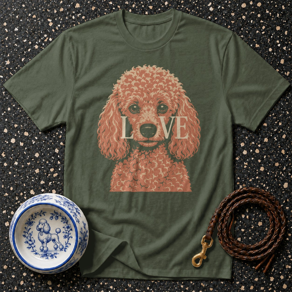 Green t-shirt with a vintage poodle graphic and the word LOVE, with a dog bowl and leash.