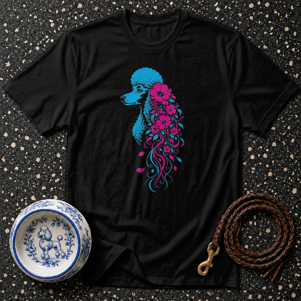 Black t-shirt featuring a blue and pink abstract poodle head with floral accents.
