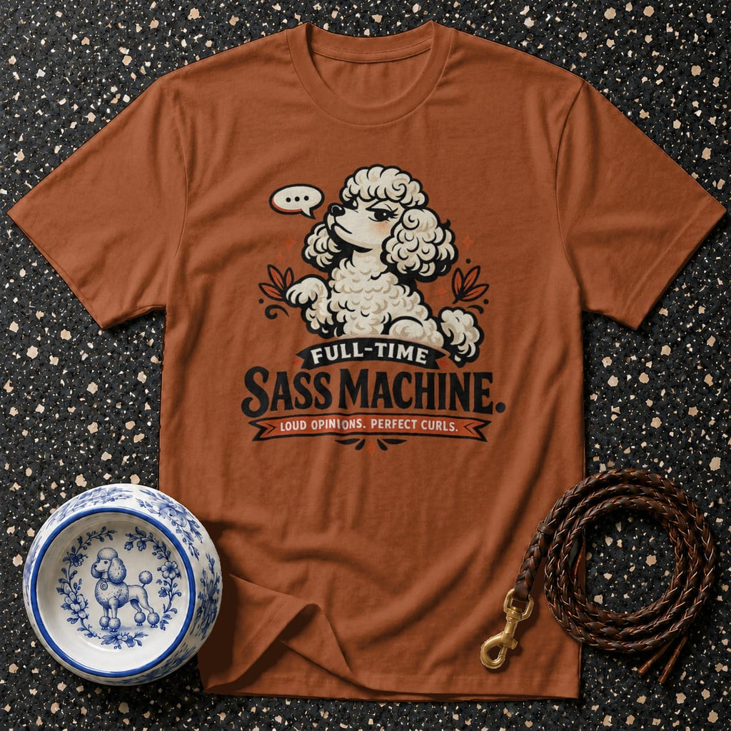 Brown t-shirt with a cartoon poodle and text "Full-Time Sass Machine."