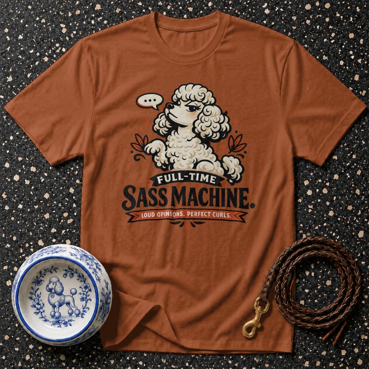 Brown t-shirt with a cartoon poodle and text "Full-Time Sass Machine."