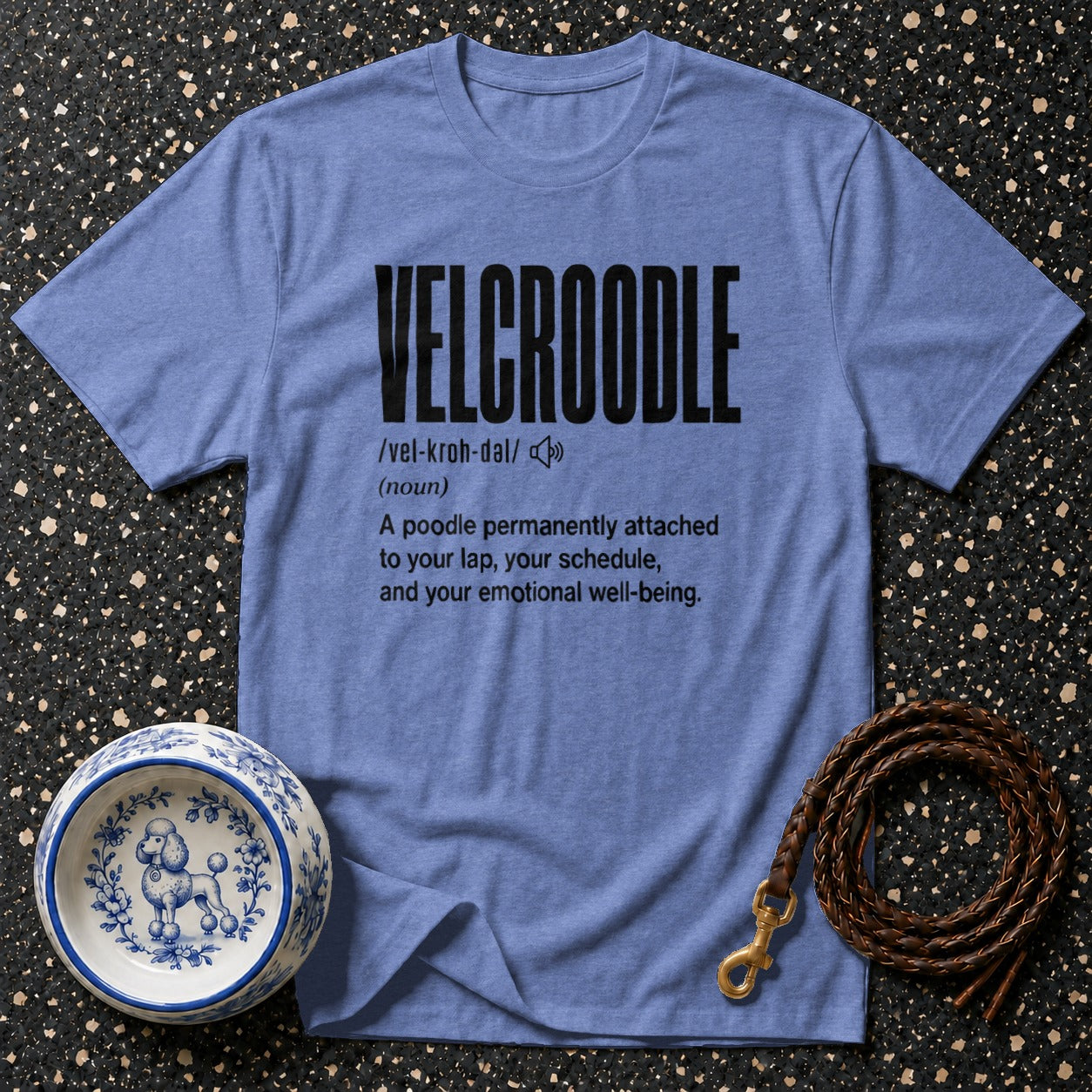 Light blue t-shirt with "VELCROODLE" definition in black text.