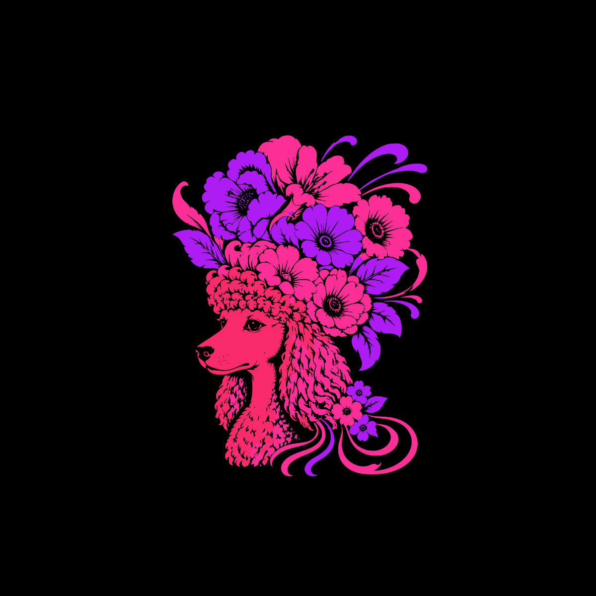 Pink poodle head adorned with a vibrant floral headdress of pink and purple flowers.