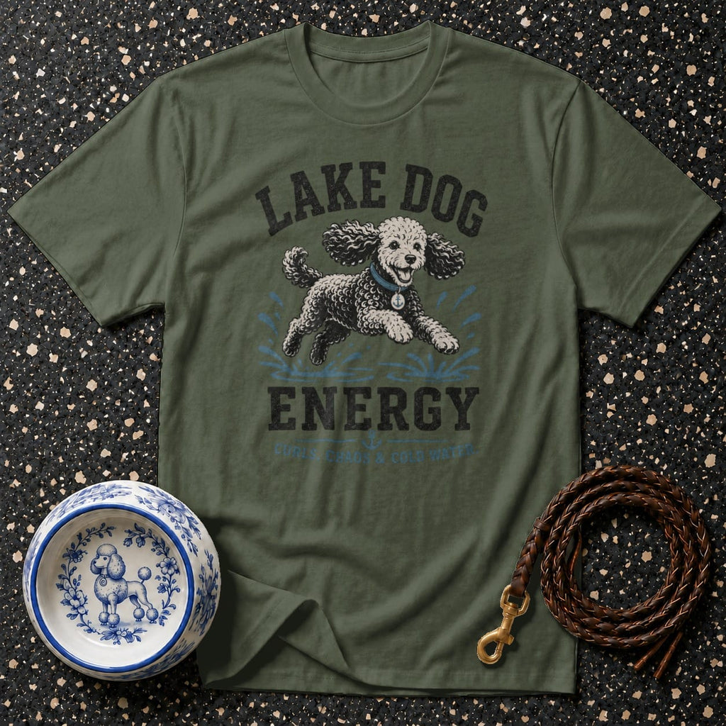 Green t-shirt with "Lake Dog Energy" graphic of a poodle playing in water.