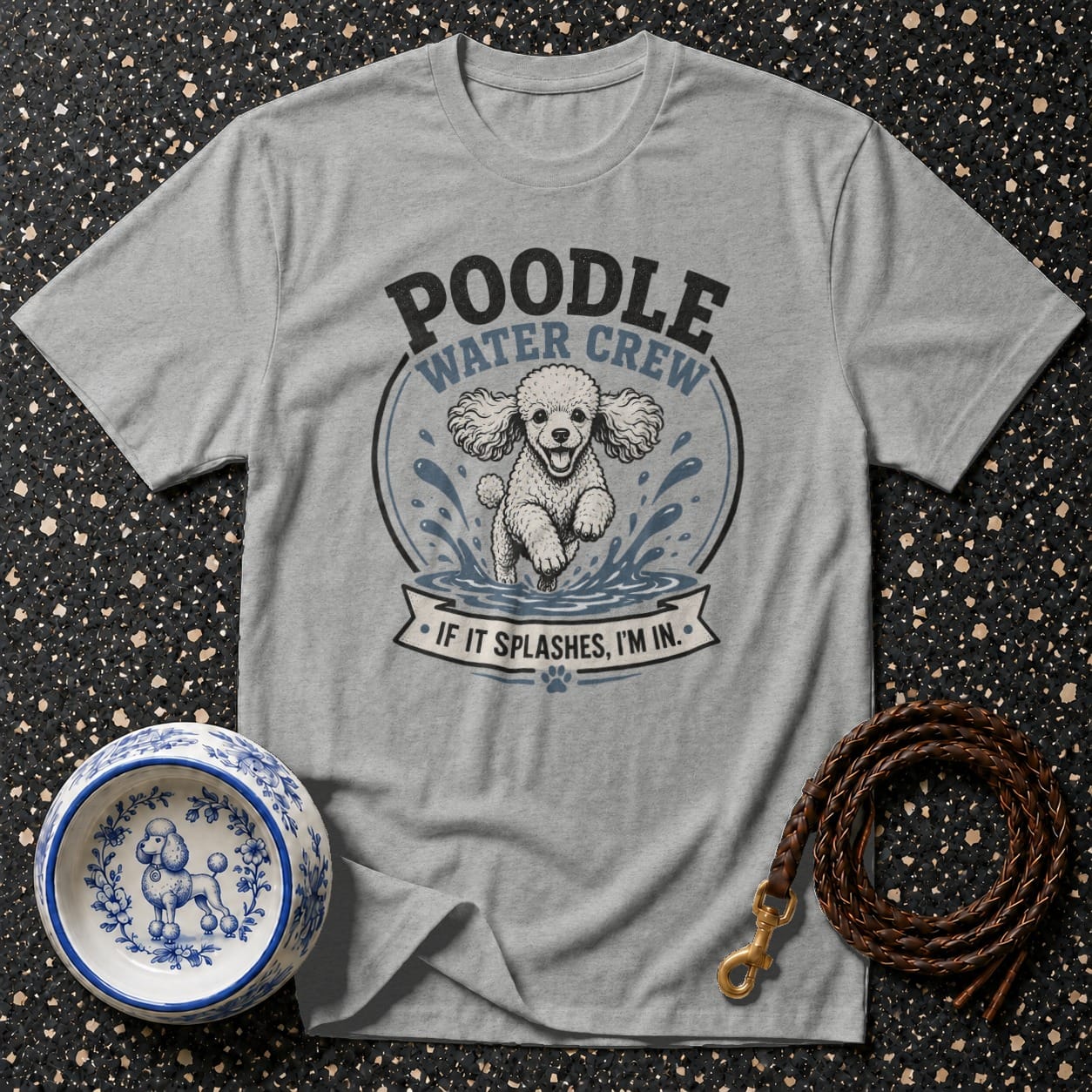 Gray t-shirt with "Poodle Water Crew" and a running poodle enjoying splashes.