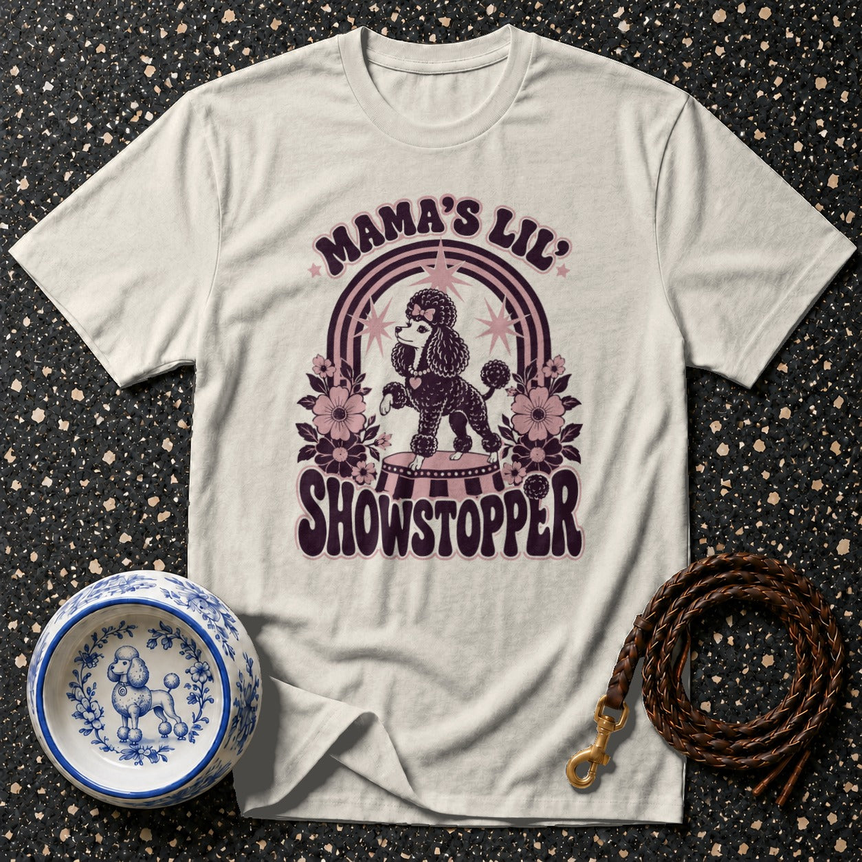 T-shirt with poodle graphic and text "Mama's Lil Showstopper"