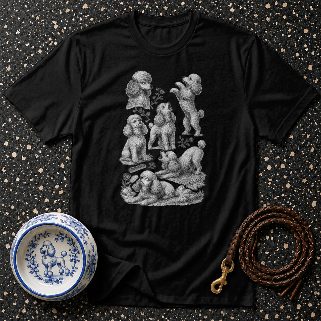 Black t-shirt featuring vintage poodle illustrations and botanical elements.