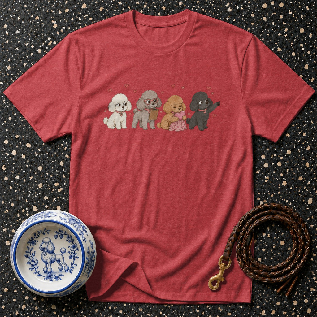 Red t-shirt with four poodles in pixel art style, a dog bowl, and a leash.