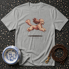 Grey t-shirt with a running poodle graphic and text "Grace, but faster".