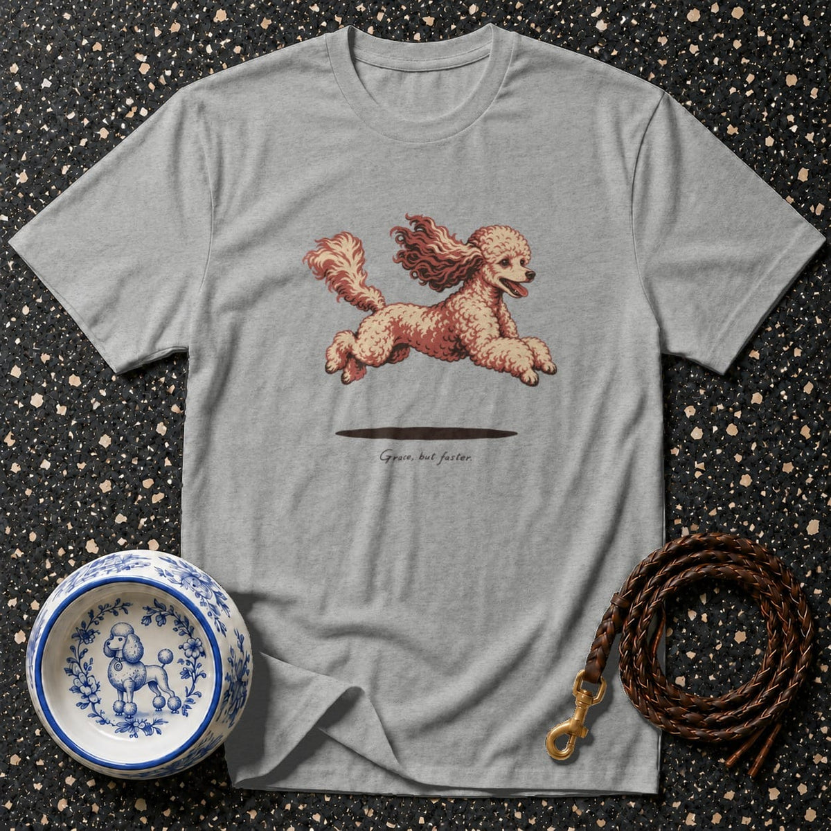 Grey t-shirt with a running poodle graphic and text "Grace, but faster".