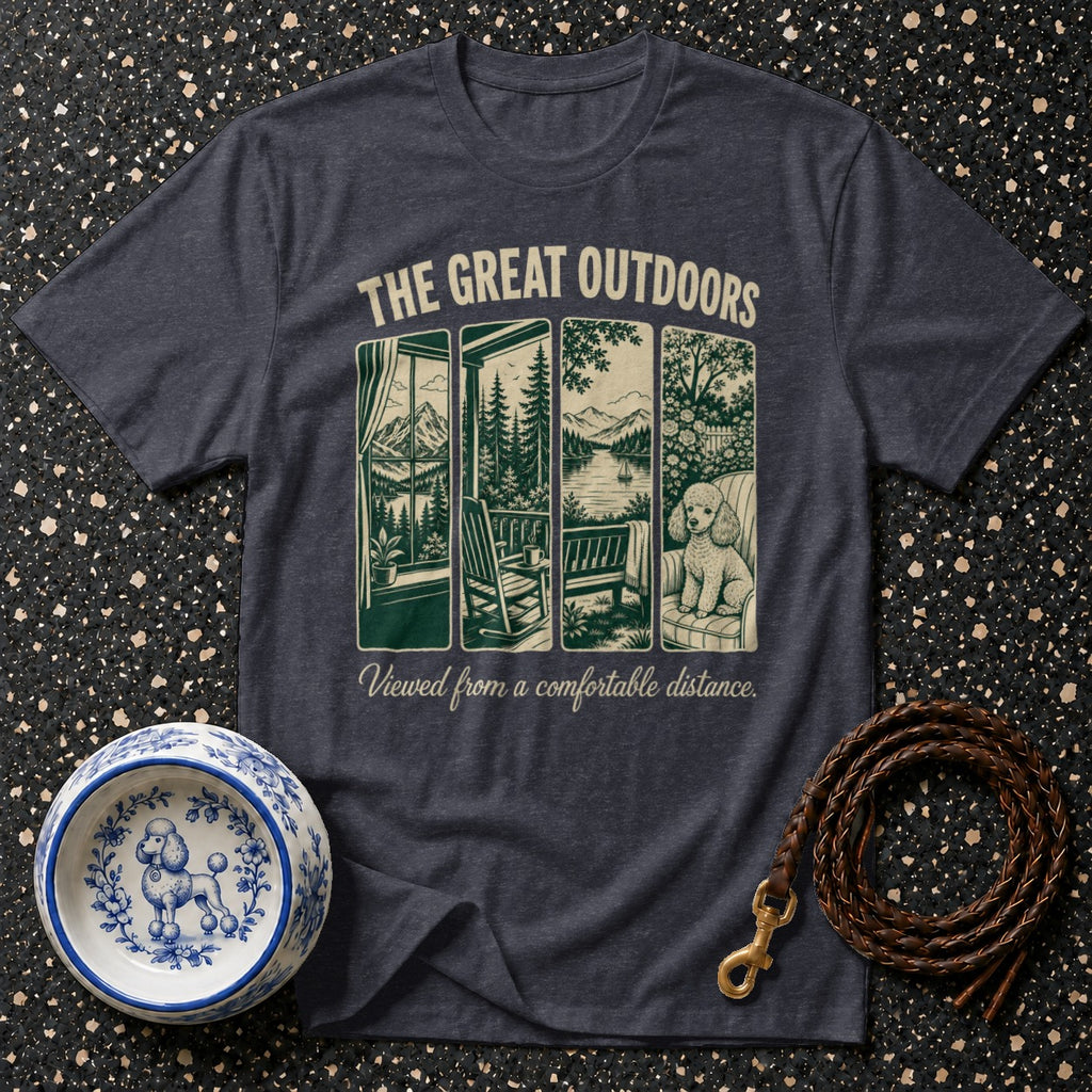T-shirt with "The Great Outdoors" text and scenic views, a poodle dog, and leash.