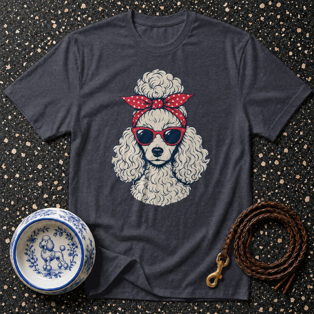 Dark grey t-shirt with a poodle wearing a polka dot bandana and sunglasses.