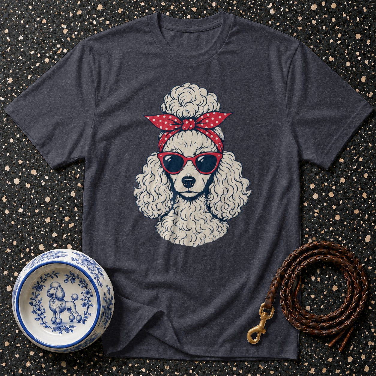 Dark grey t-shirt with a poodle wearing a polka dot bandana and sunglasses.