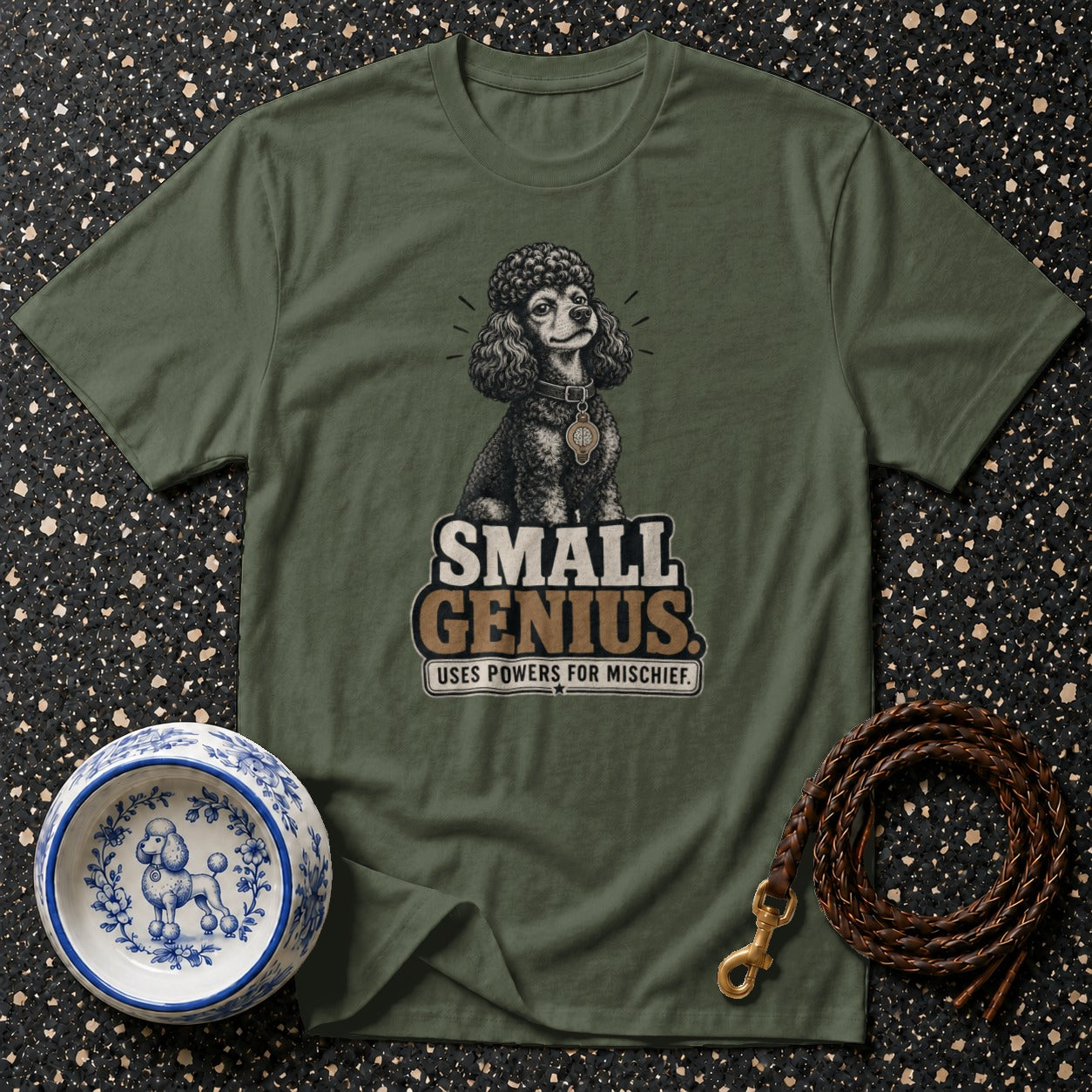 T-shirt with a poodle graphic and text "Small Genius Uses Powers For Mischief."