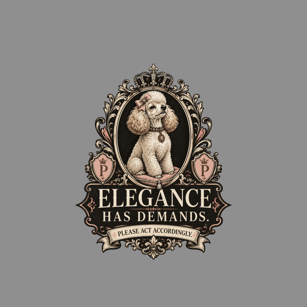 Poodle wearing a crown and bow sits before ornate crest with text "Elegance Has Demands."