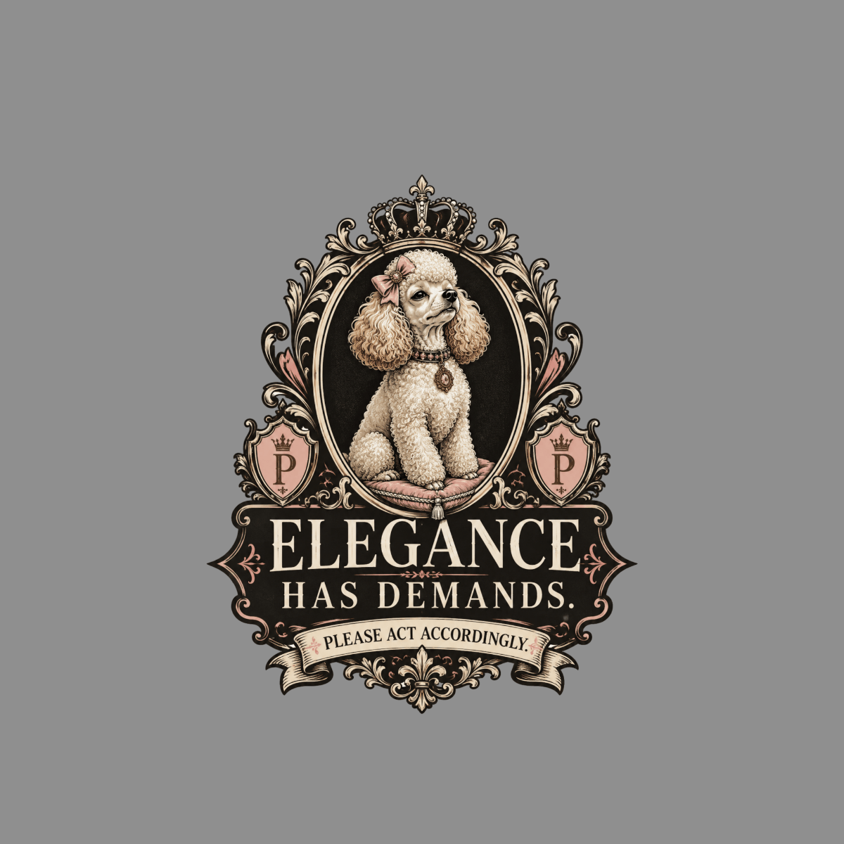 Poodle wearing a crown and bow sits before ornate crest with text "Elegance Has Demands."
