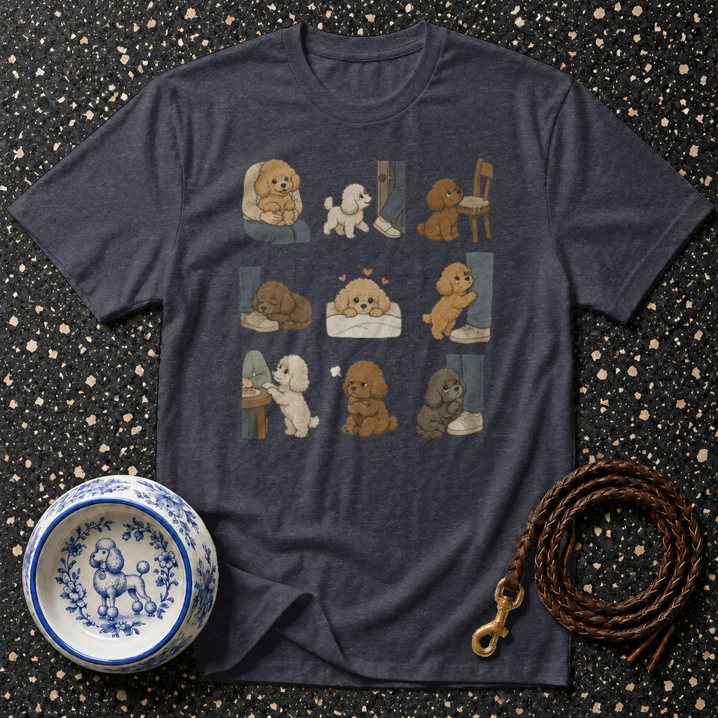 T-shirt with nine cute cartoon poodle illustrations in various domestic settings.