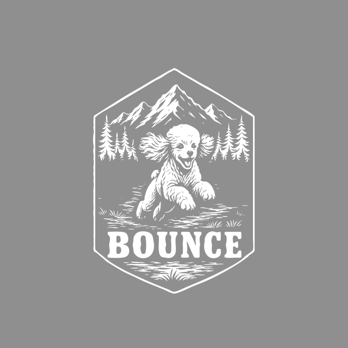 White line art emblem with a running dog, mountains, trees, and the word BOUNCE.