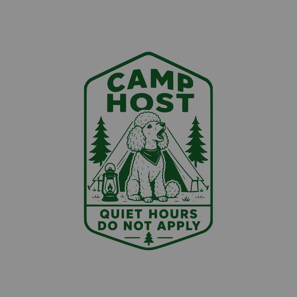 Camp Host logo with poodle, tent, lantern, trees, and text.