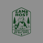 Camp Host logo with poodle, tent, lantern, trees, and text.
