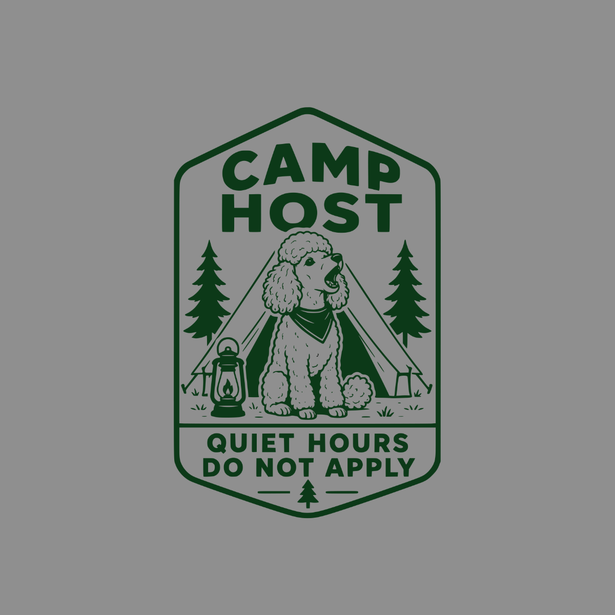 Camp Host logo with poodle, tent, lantern, trees, and text.