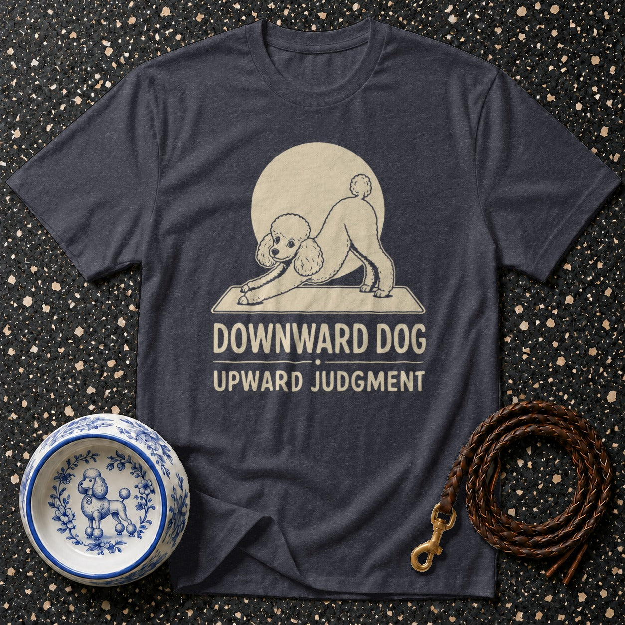 Dark t-shirt with "Downward Dog Upward Judgment" text and a poodle in yoga pose.
