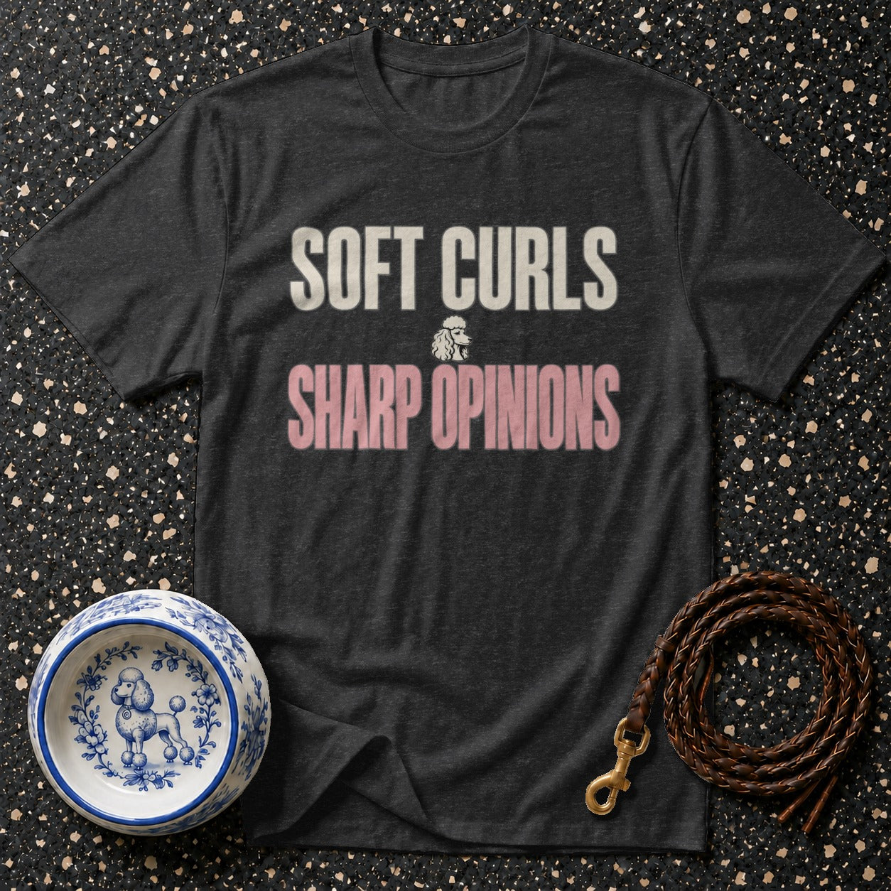 Dark gray t-shirt with "SOFT CURLS SHARP OPINIONS" text and poodle graphic.