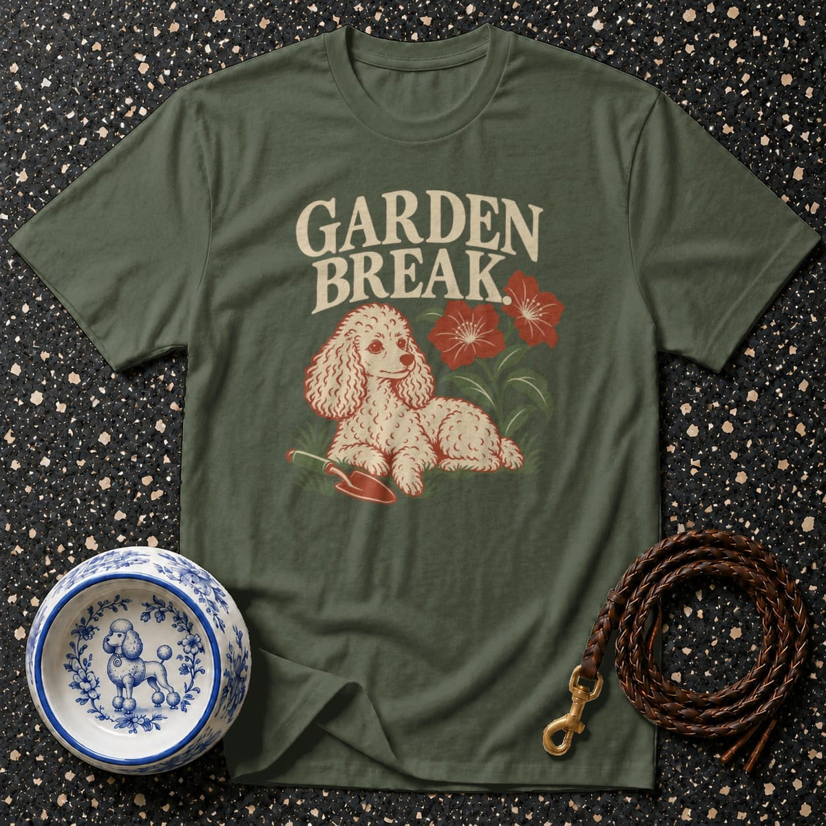 Green t-shirt with "GARDEN BREAK" text, a poodle, and flowers graphic.