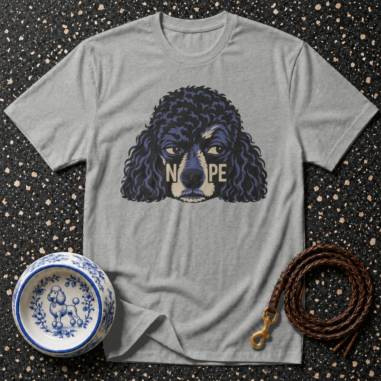 Grey t-shirt with a black poodle graphic that says "Nope".
