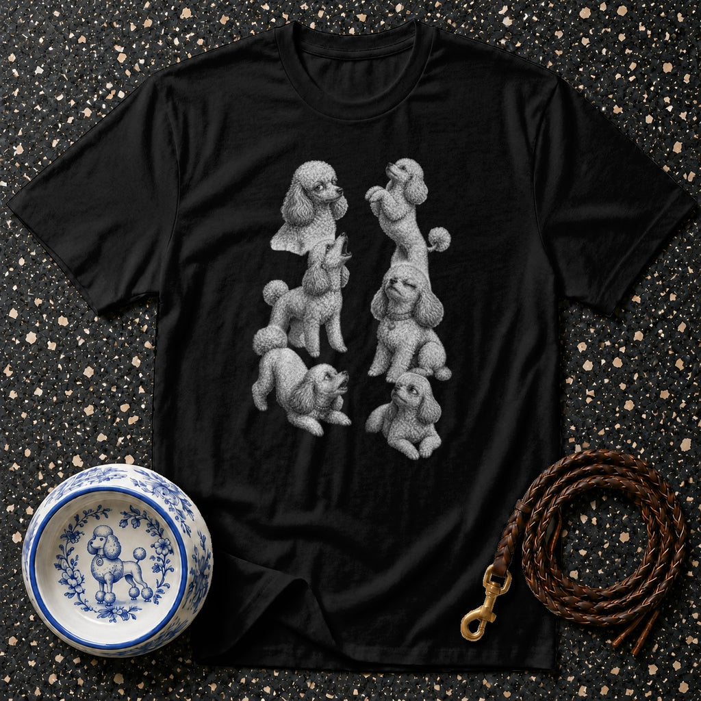 Black t-shirt with a detailed sketch of six poodles in various poses.