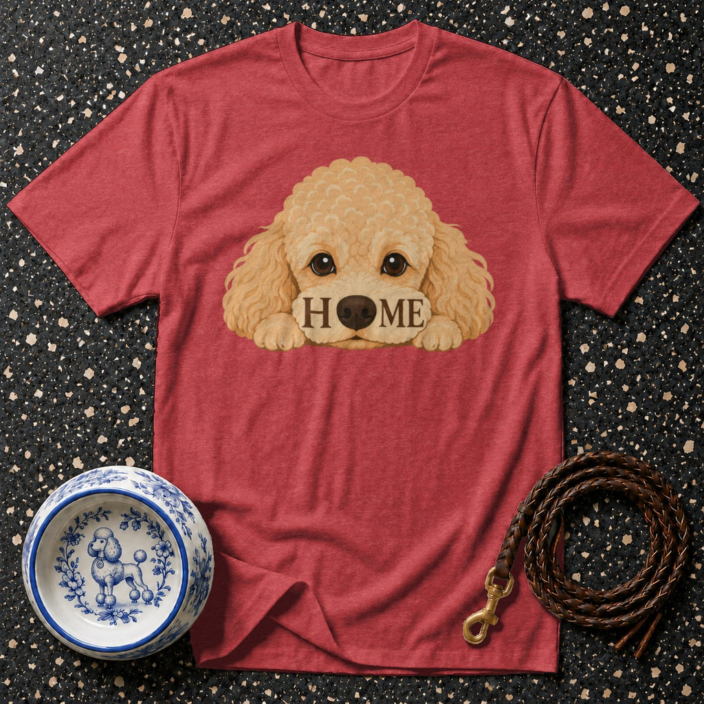Red t-shirt with poodle graphic and "HOME" text, dog bowl, and leash.