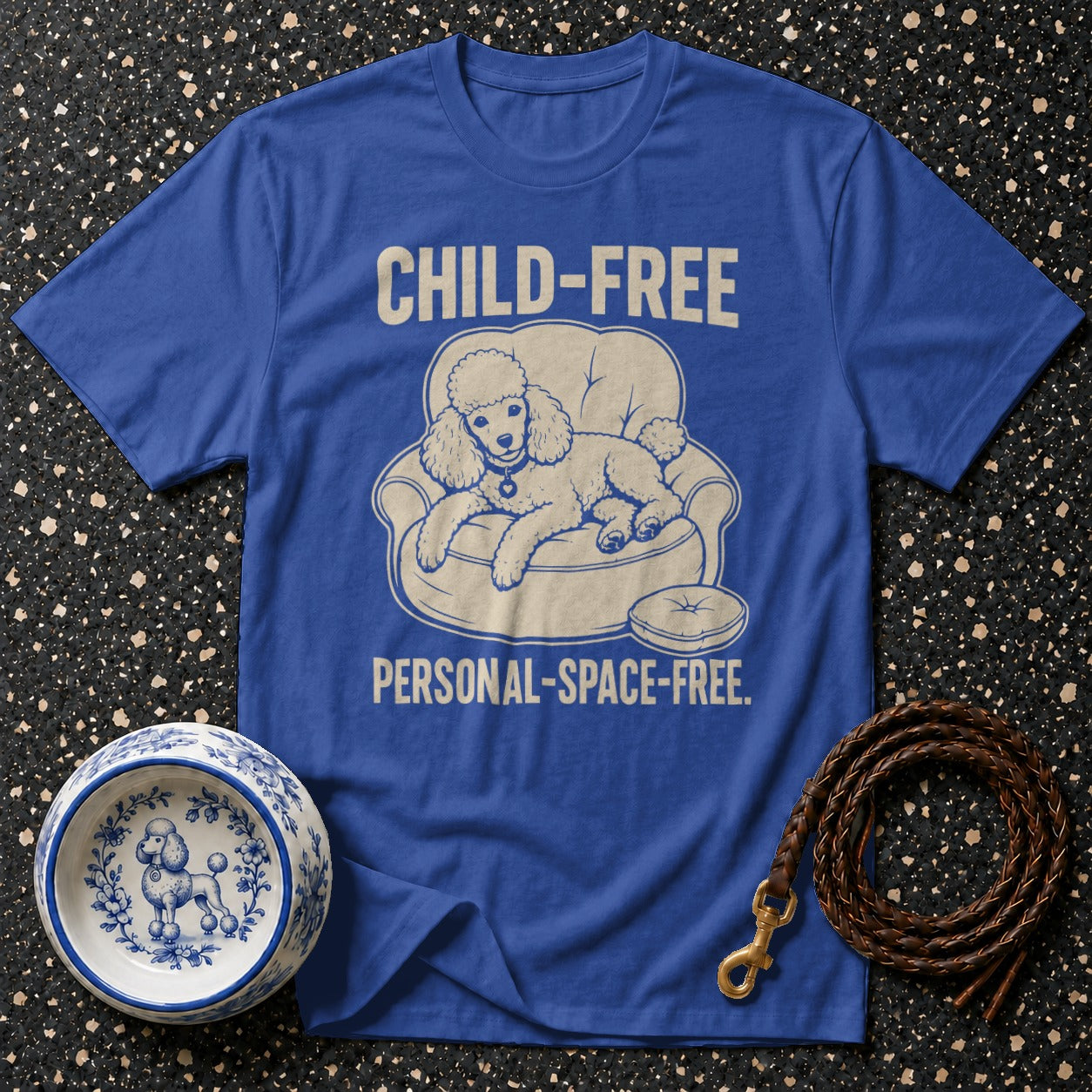 Blue t-shirt with "CHILD-FREE PERSONAL-SPACE-FREE" text and poodle graphic.