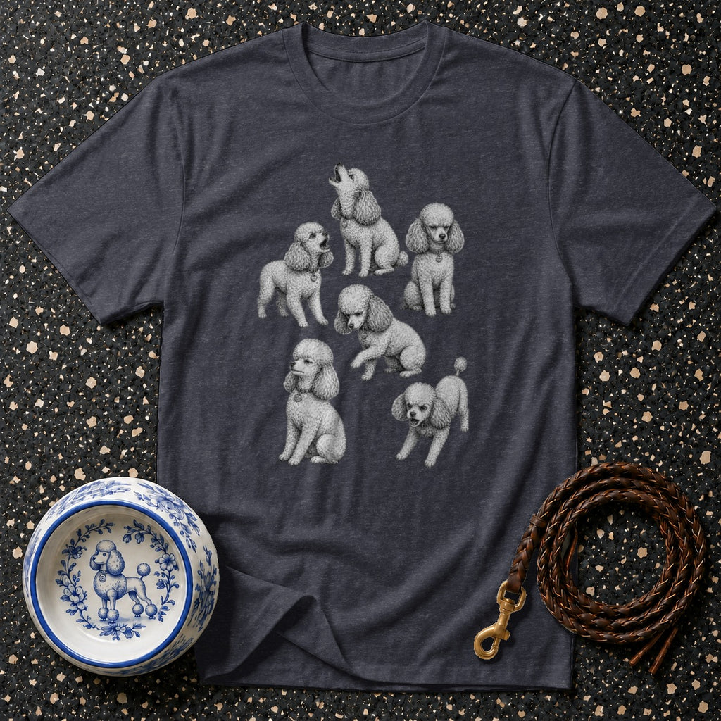 Dark gray t-shirt with a charcoal drawing of seven poodles in various poses.