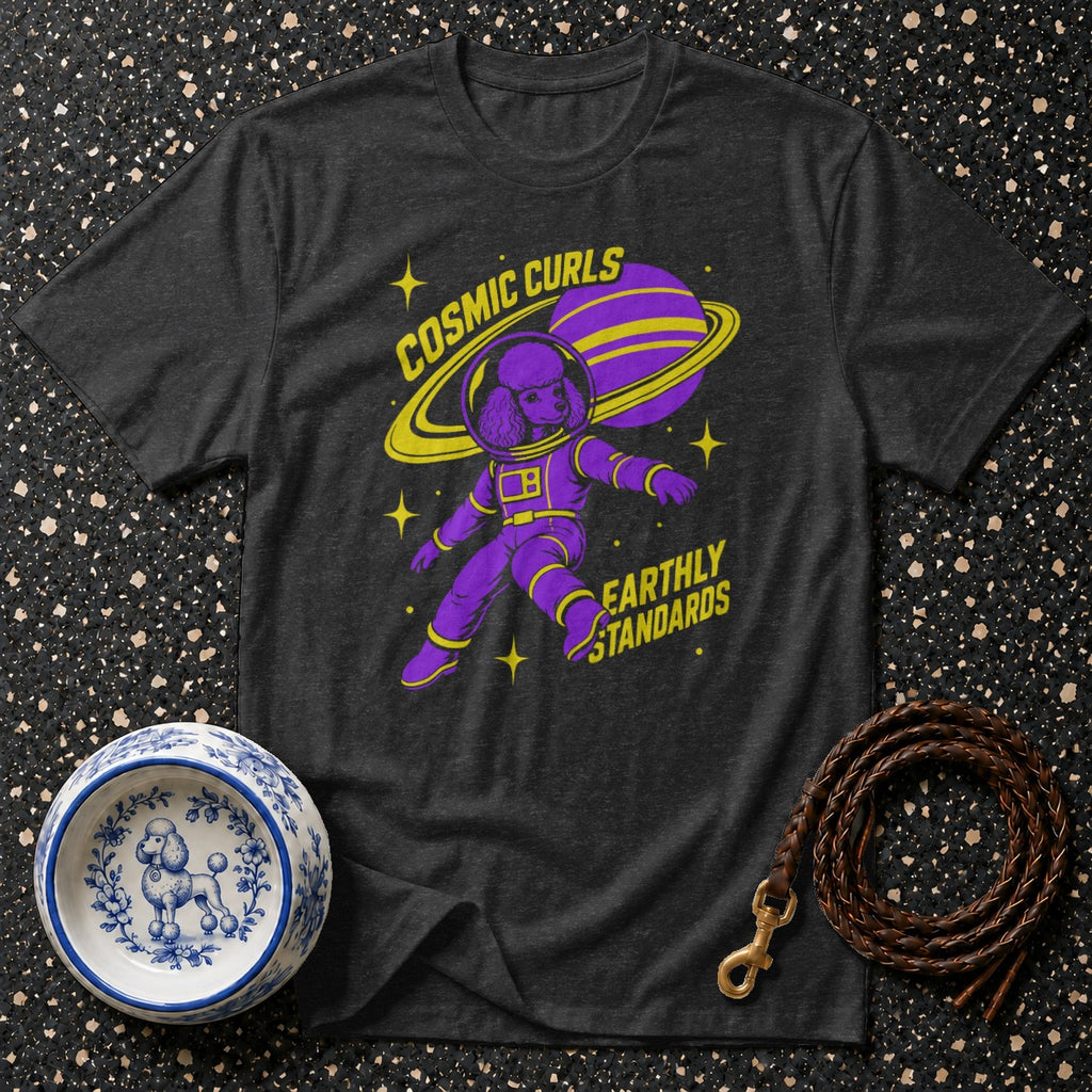 T-shirt with purple poodle astronaut, planet, and text "Cosmic Curls Earthly Standards".