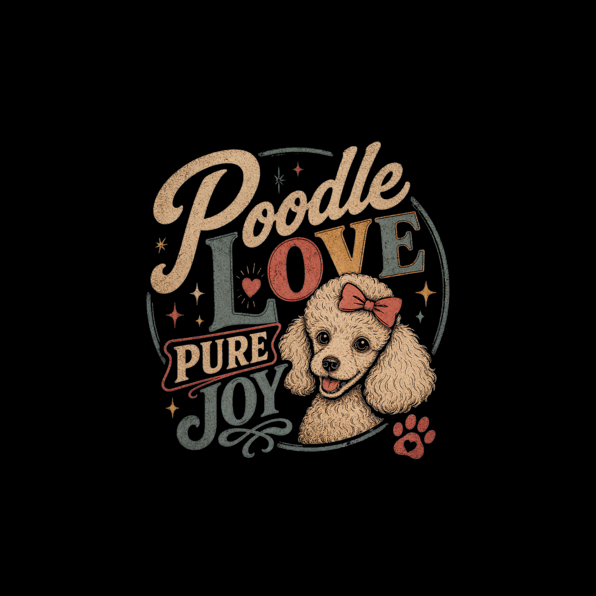 Poodle LOVE PURE JOY graphic with a cream poodle wearing a red bow.