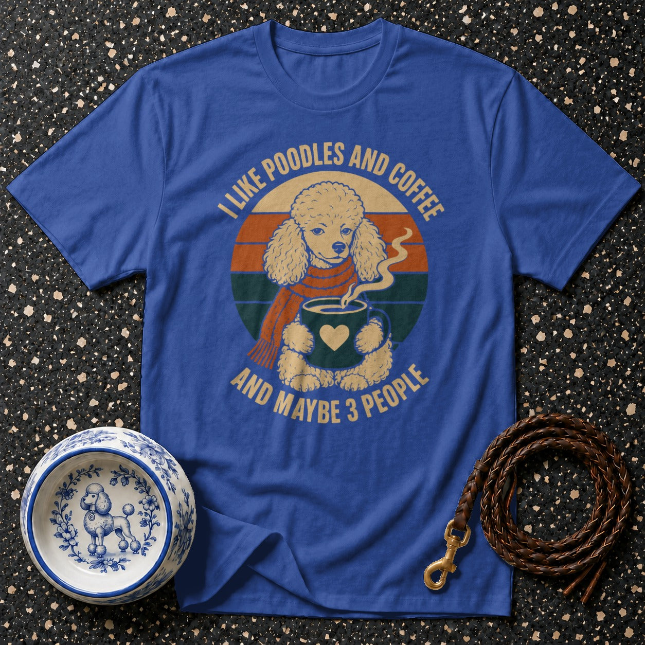 Blue t-shirt with a poodle holding a coffee cup, text says "I like poodles and coffee and maybe 3 people."