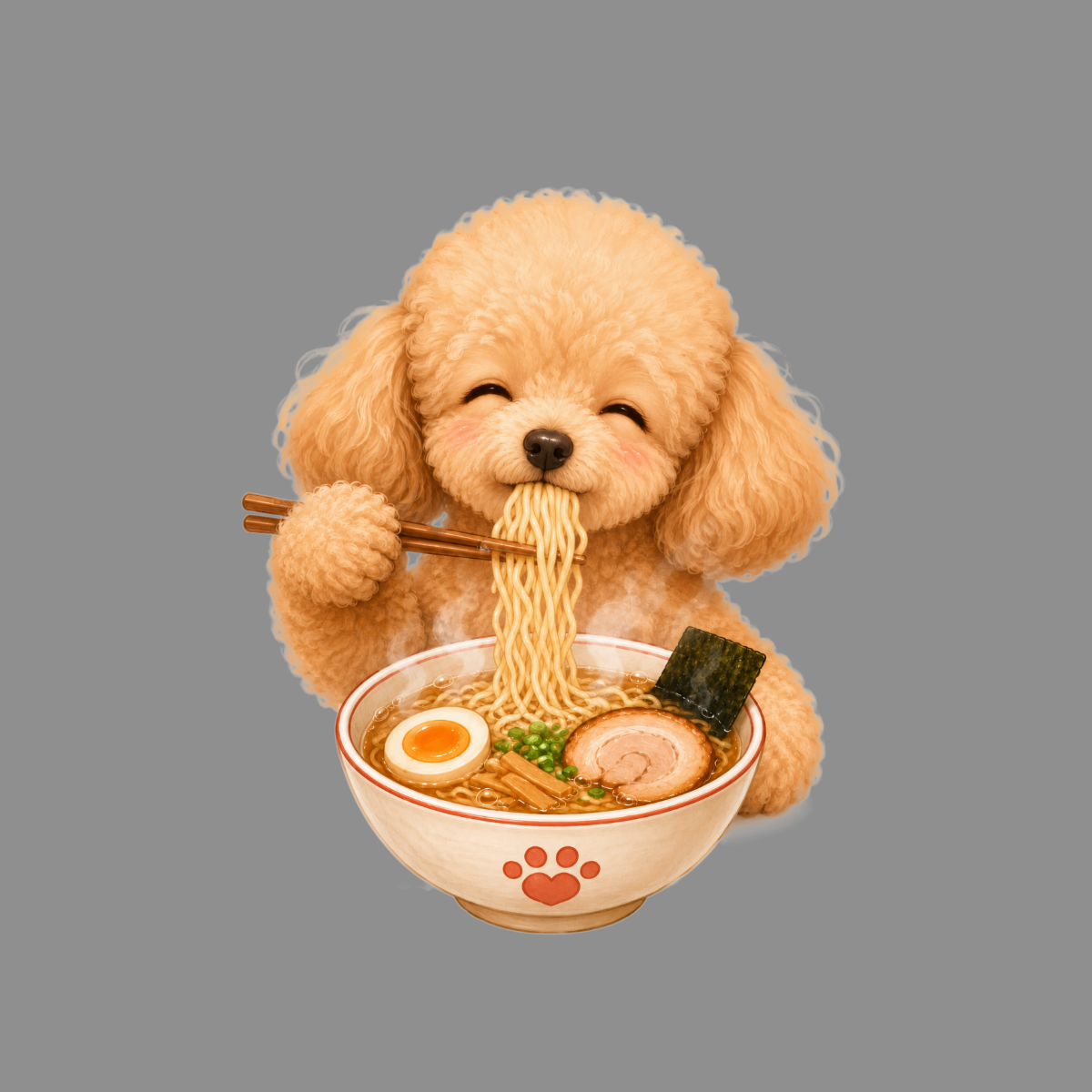Fuzzy dog eating ramen noodles with chopsticks from a bowl decorated with paw prints.