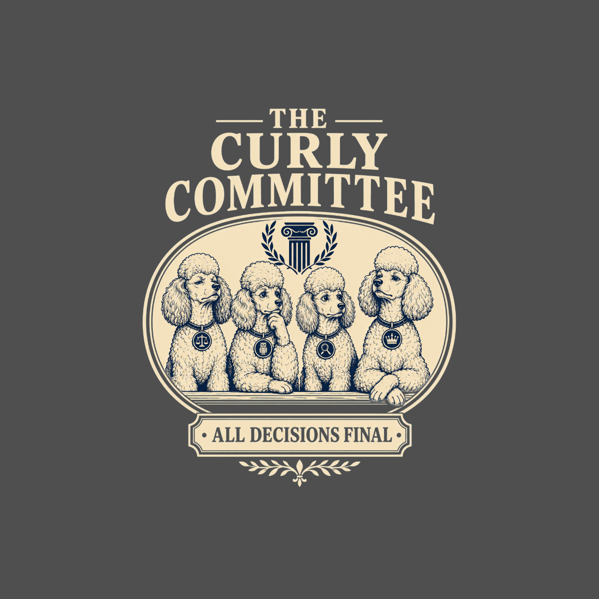The Curly Committee logo features four poodles in an oval, with text and a column.